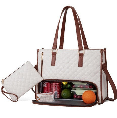 Black Quilted Insulated Lunch Tote Bag with Pouch | Large Thermal Cooler Handbag for Women | Work & Picnic Bag