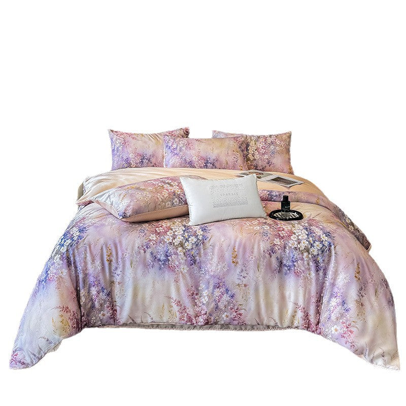 Luxury Floral Satin Bedding Set - Romantic Pink Purple Botanical Print Duvet Cover with Pillowcases - Silky Soft Egyptian Cotton Style Bed Linen Set for Queen King - Elegant Bedroom Decor
