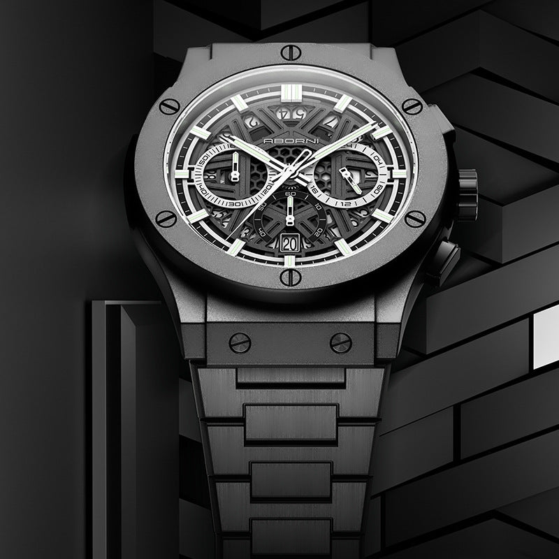 ساعة ABORNI Skeleton Chronograph للرجال | علبة فضية مكشوفة ببراغي، مينا مفتوح، سوار فولاذي، ساعة مزودة بتقويم 