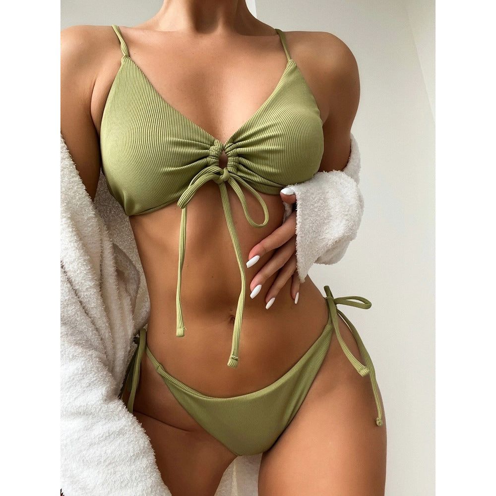 Rust Ribbed Drawstring Bikini Set, Ruched Front Tie Crop Top & String Thong Bottom, Women Terracotta Textured Swimwear, Sexy Halter Beach Swimsuit, Earthy Two Piece Bathing Suit