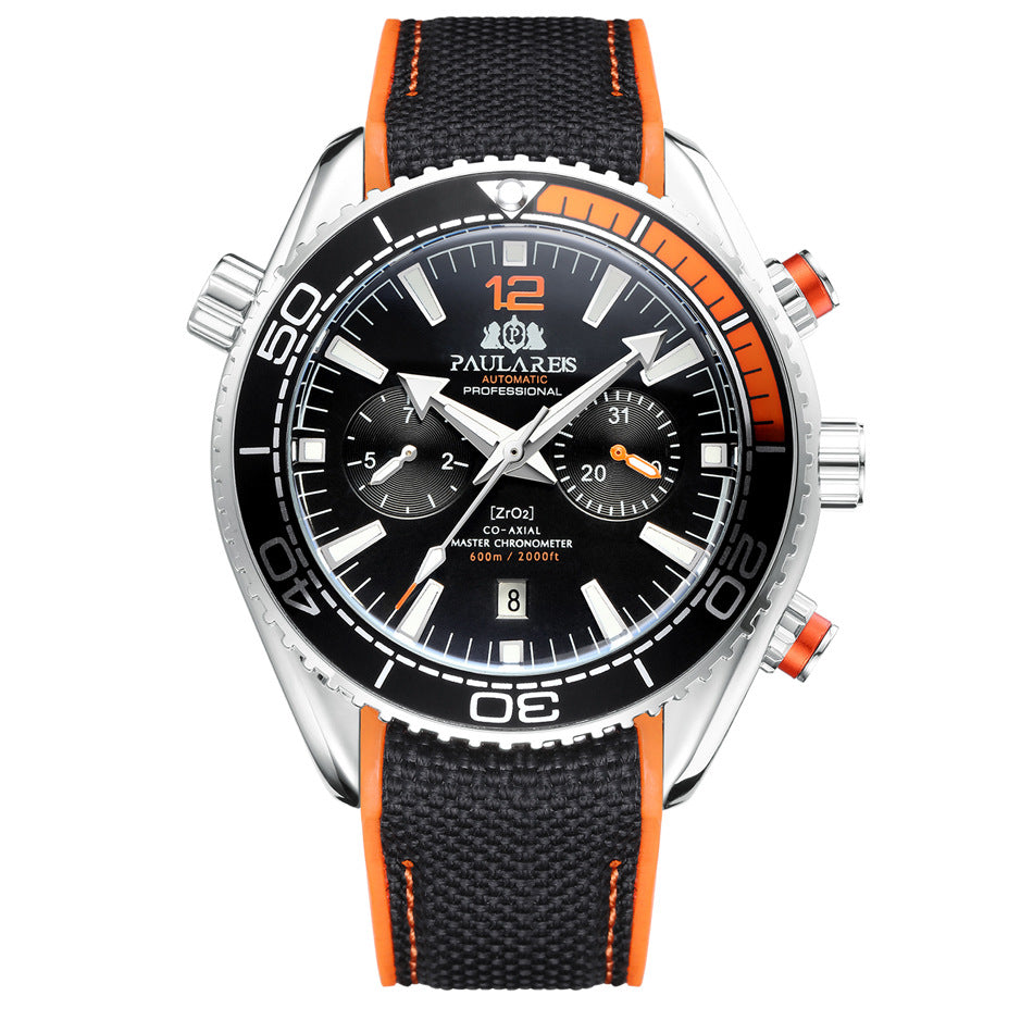 Paulareis Automatic Professional Diver Chronograph Watch | ZrO2 Co-Axial Master Chronometer 600m | Black & Orange Rubber Strap Men's Watch