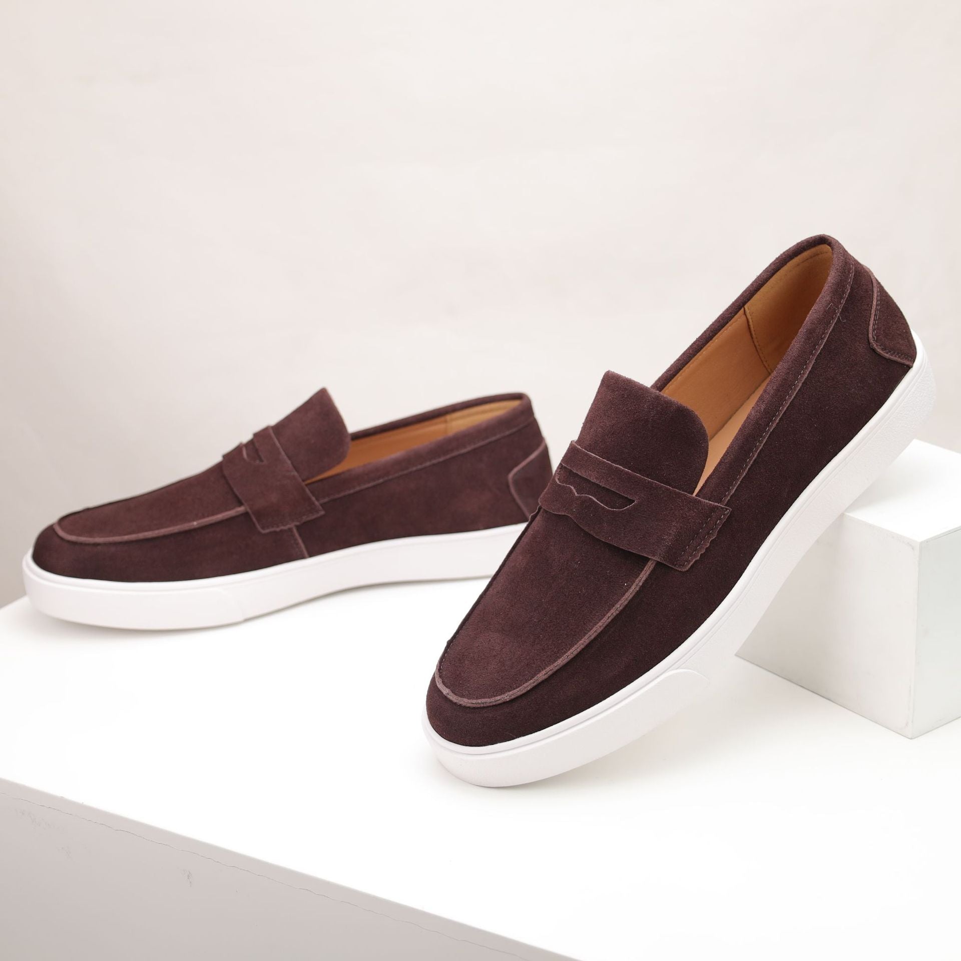 Men's Genuine Suede Leather Penny Loafers | Platform Slip-On Shoes | Tan Brown