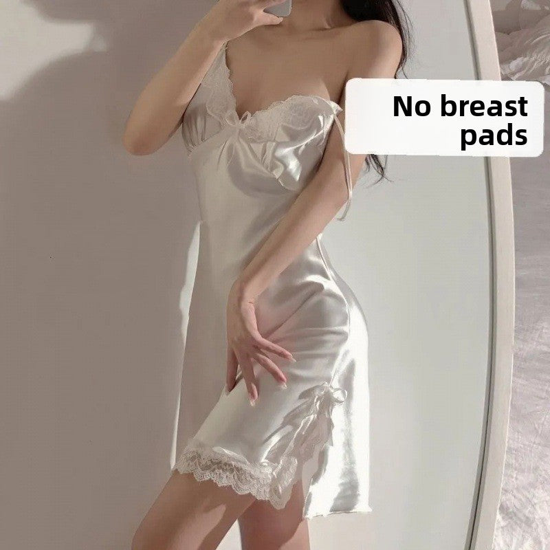 Women's White Satin Lace Trim Babydoll Nightgown | Spaghetti Strap Bow Tie Mini Slip Dress | Bridal Romantic Sleepwear Lingerie Chemise