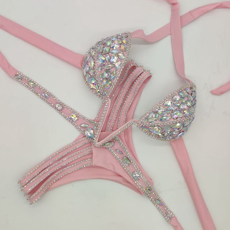 Crystal Rhinestone Bikini Set, AB Stone Competition Swimwear, Luxury Halter Bling Bikini, Women Figure Bodybuilding Suit, Royal Blue & Pink Pageant Swimsuit