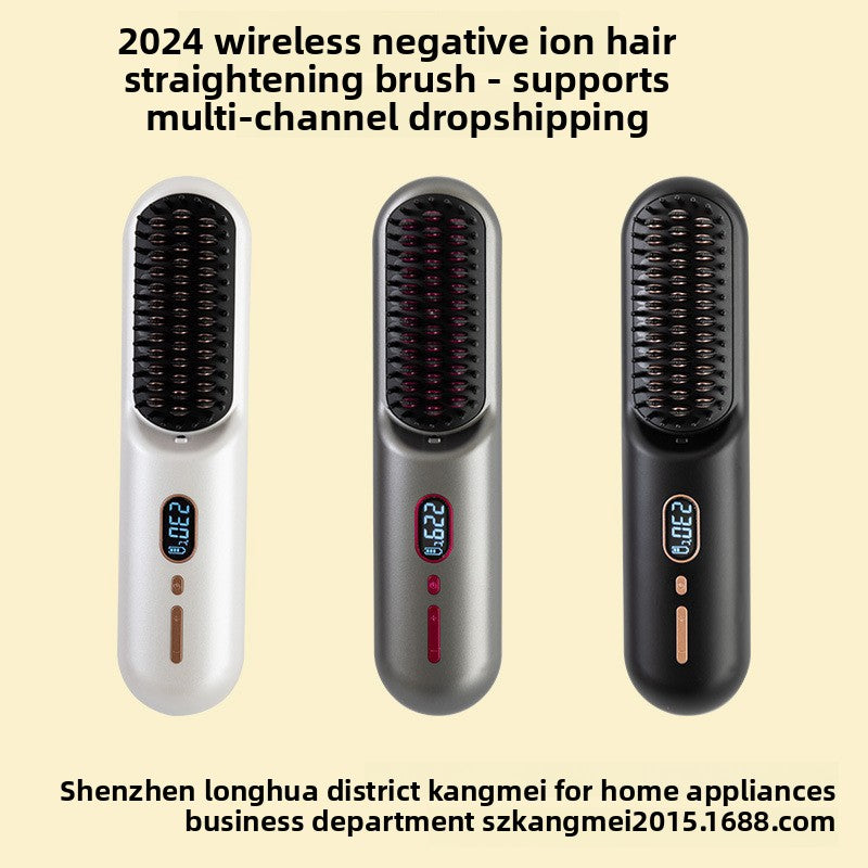 LCD Digital Hair Straightening Brush | Cordless Electric Heated Comb 226�C | Portable Ionic Anti-Frizz Hair Straightener | Gray Rechargeable Hot Comb