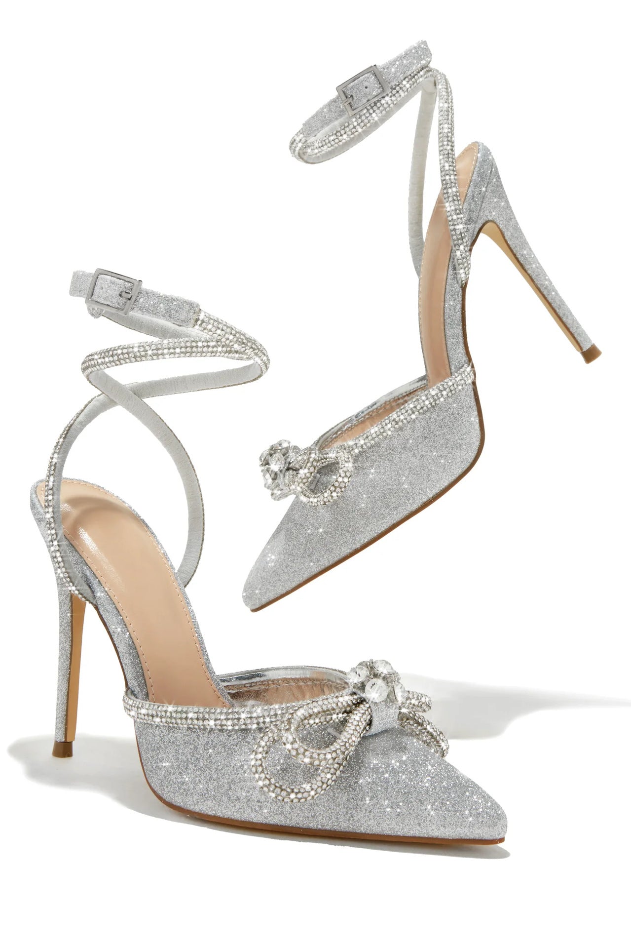 Black Satin Crystal Bow Ankle Wrap Stiletto Heels | Women's Rhinestone Bow Pointed Toe Sandals