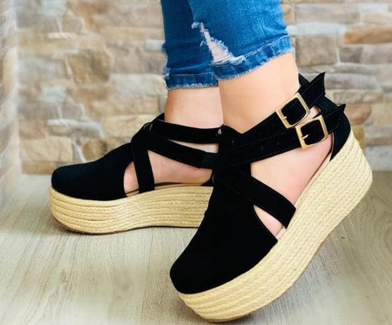 Tan Brown Suede Cross Strap Espadrille Platform Sandals for Women | Double Buckle Ankle Strap Wedge Flatform Sandals | Boho Rope Sole Summer Sandals | Casual Chic Platform Wedge Shoes