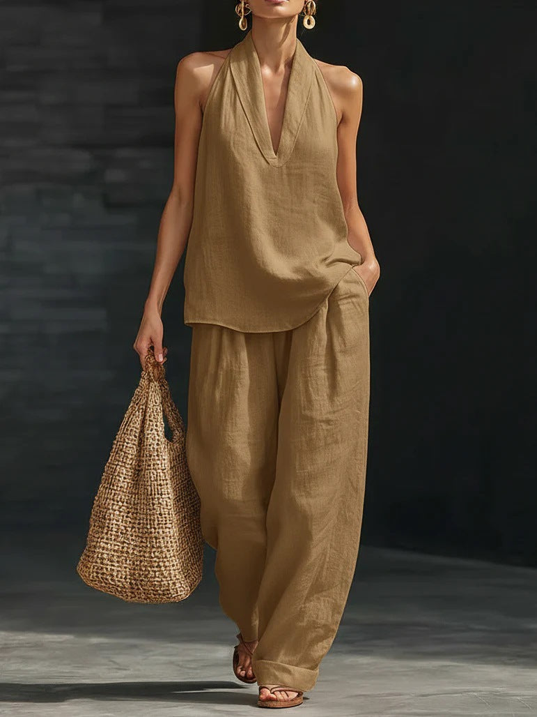 Women's 2 Piece Linen Halter Neck Top & Wide Leg Pants Set | Casual Boho Summer Co-Ord Outfit | Beach Vacation Loungewear | Burgundy