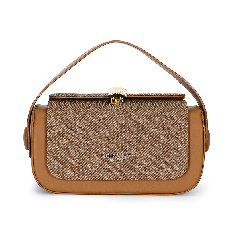 Black Structured Crossbody Bag with Gold Fan Clasp | Woven Texture Top Handle Shoulder Purse