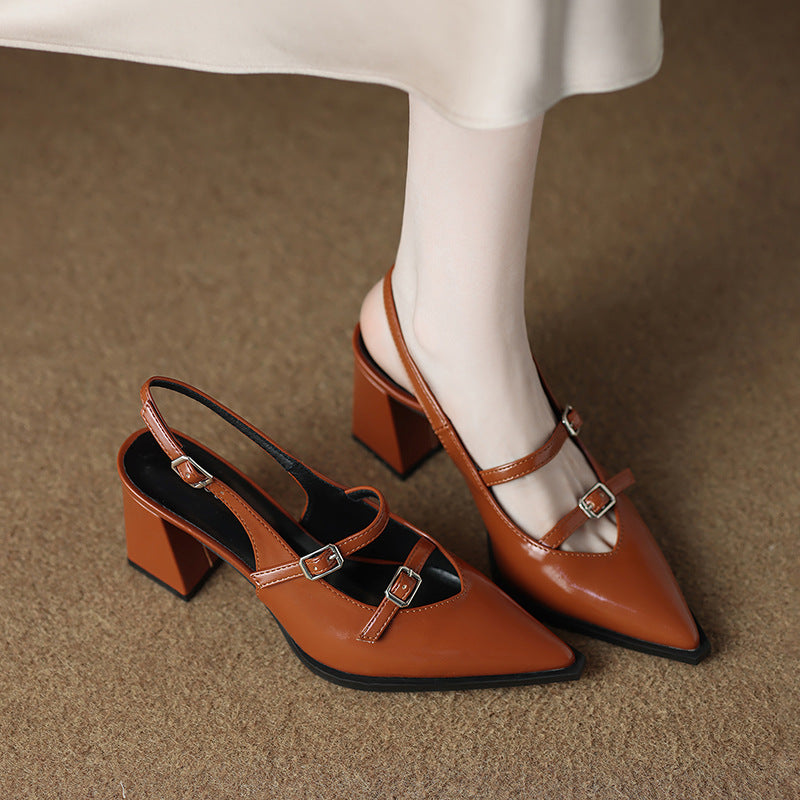 Black Leather Double Buckle Strap Pointed Toe Slingback Block Heel Pumps | Women's Mary Jane Style Mid Heel Shoes