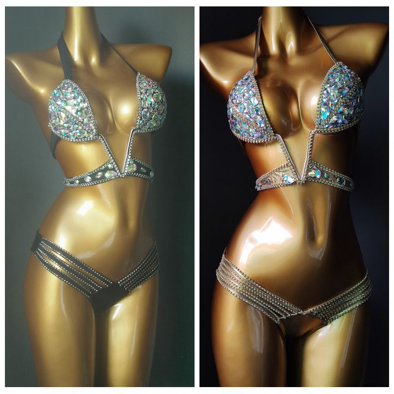Crystal Rhinestone Bikini Set, AB Stone Competition Swimwear, Luxury Halter Bling Bikini, Women Figure Bodybuilding Suit, Royal Blue & Pink Pageant Swimsuit