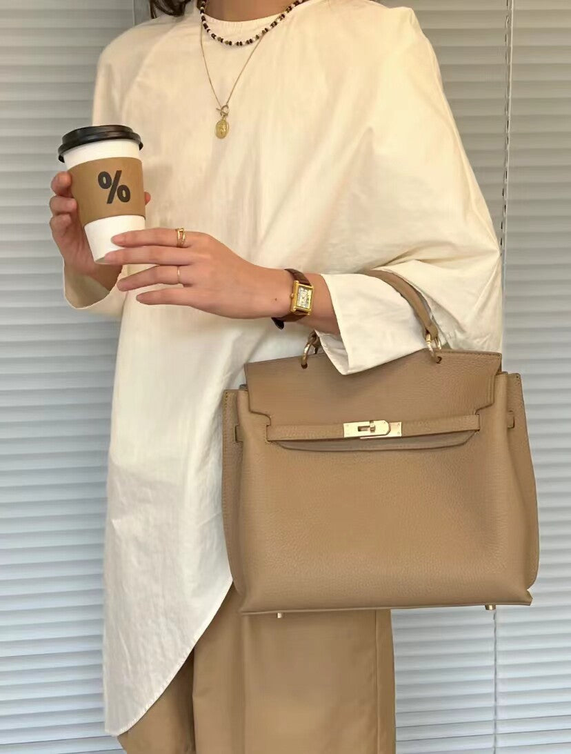 Beige Structured Crossbody Bag with Lock Closure - Designer Inspired Trapezoid Handbag | Luxury Style Shoulder Bag