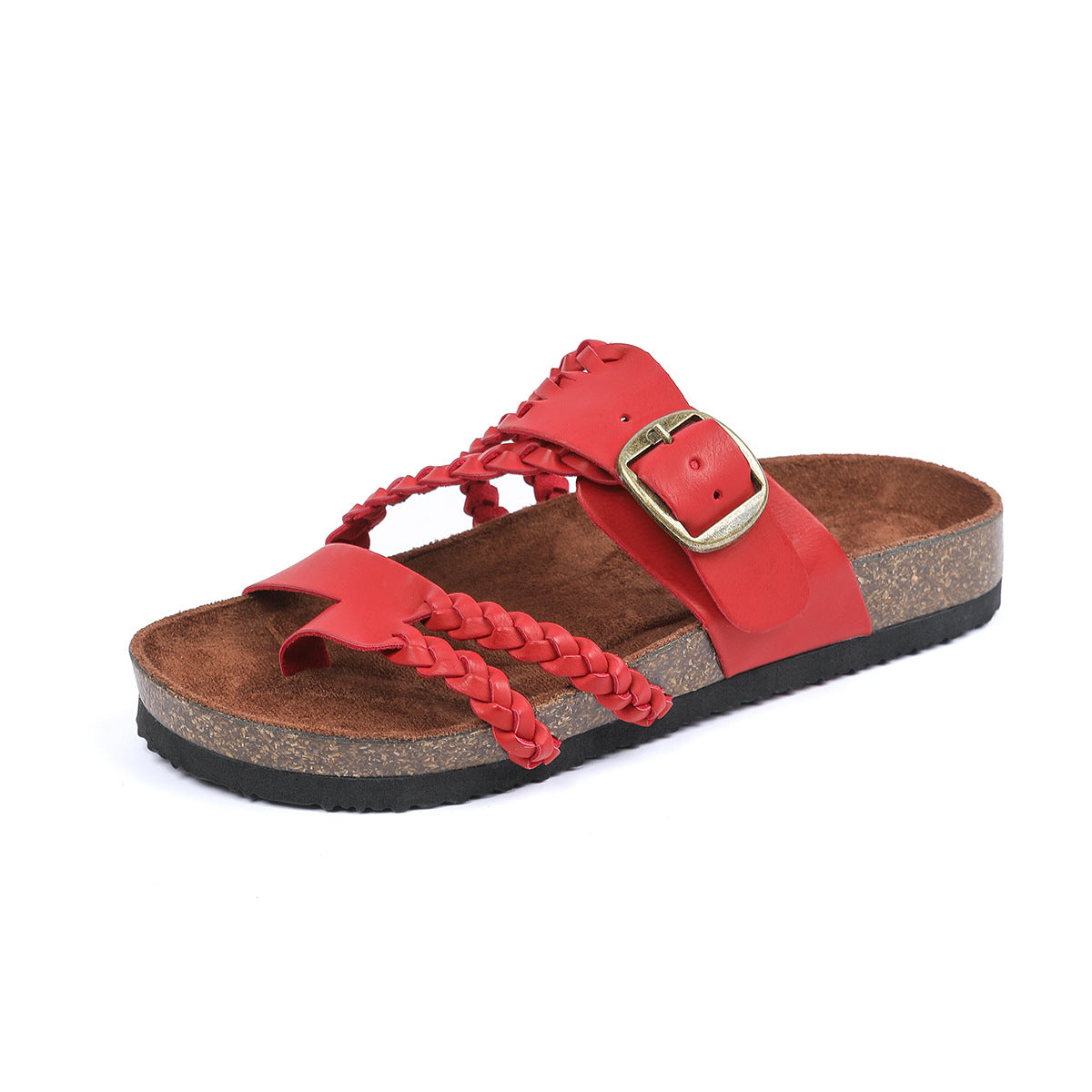 Cream Braided Strap Cork Footbed Sandals Gold Buckle Toe Post Flat Suede Sandal | Women Boho Summer Beach Casual Comfortable Everyday Fashion Sandals