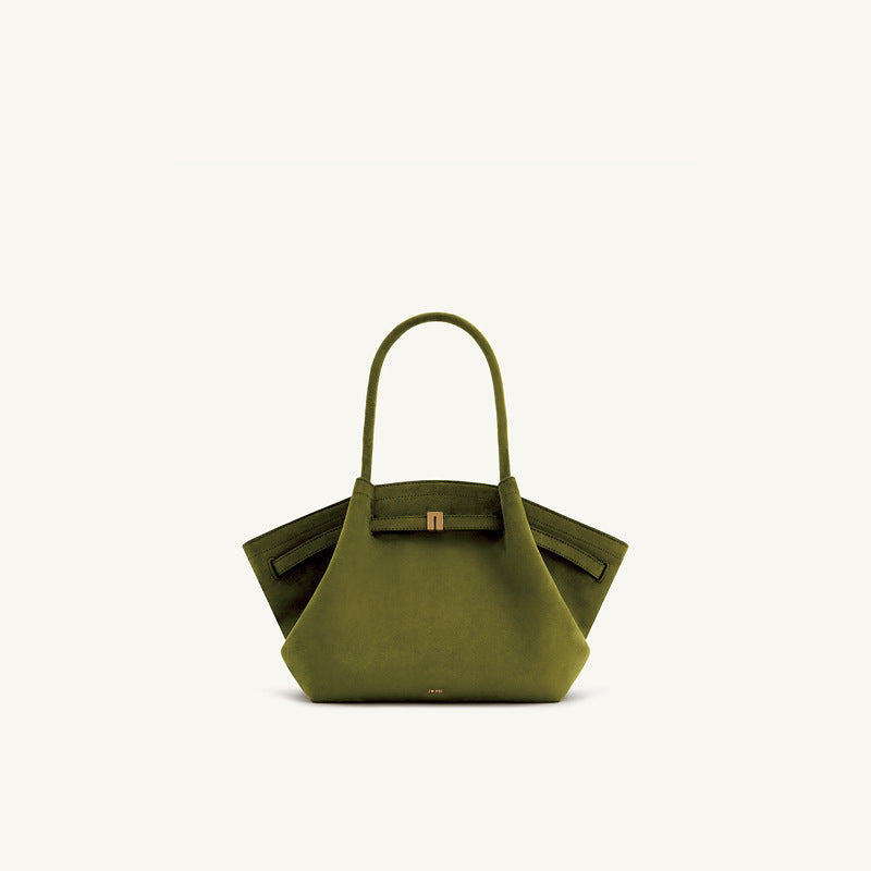 Borsa a mano strutturata in camoscio nero con design ad ala | Borsa tote trapezoidale