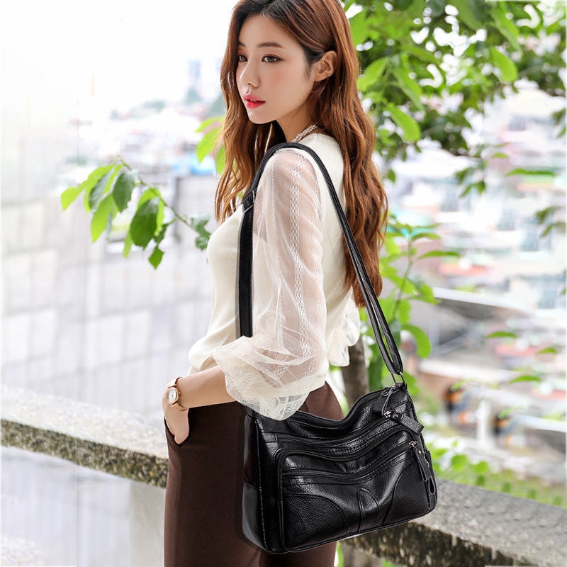 Black Leather Multi Pocket Crossbody Bag | Zipper Hobo Bag with Organizer