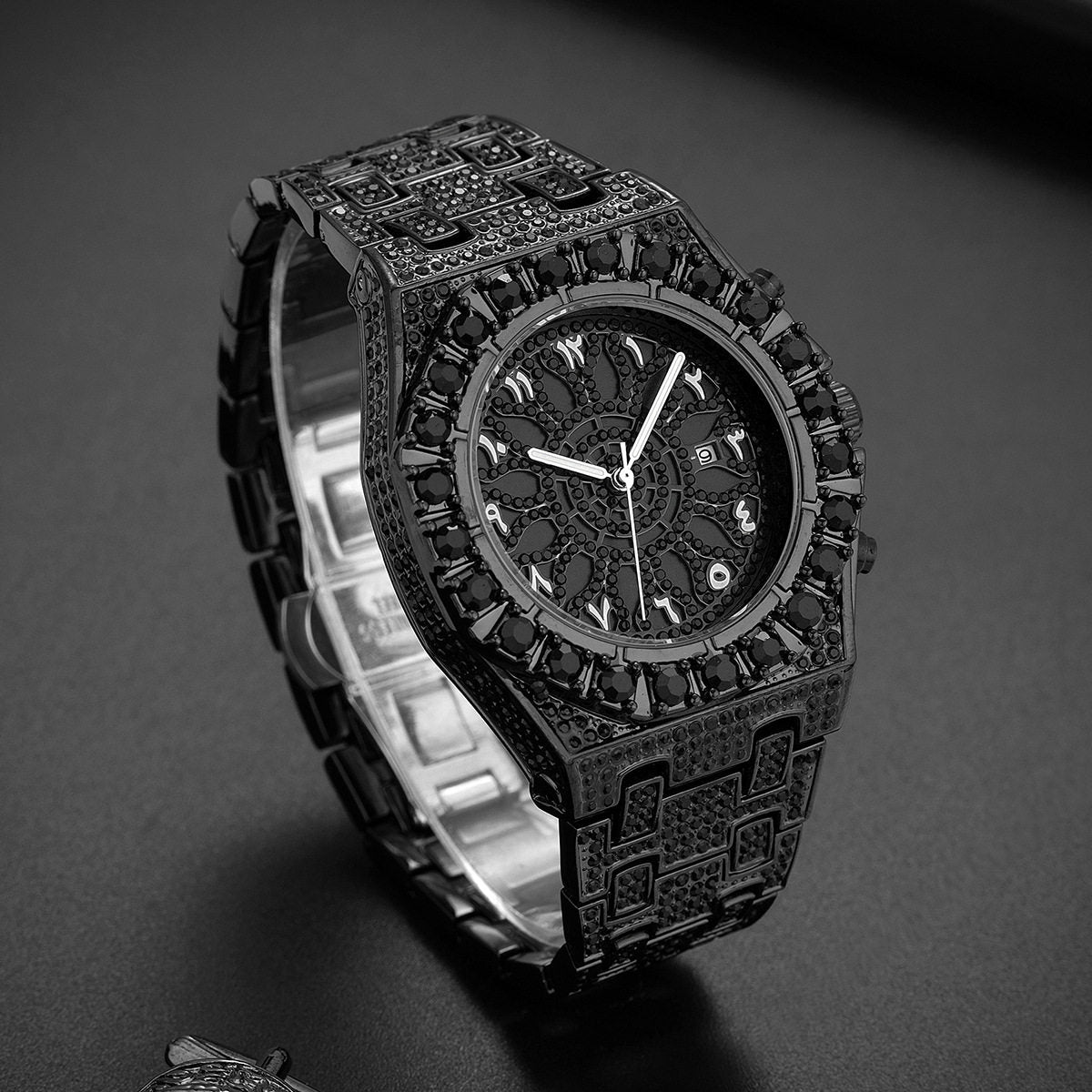 Men's Iced Out Gold Watch | Full Diamond CZ Arabic Numeral Dial | Luxury Hip Hop Skeleton Bezel | Bling Rapper Watch with Date | UAE