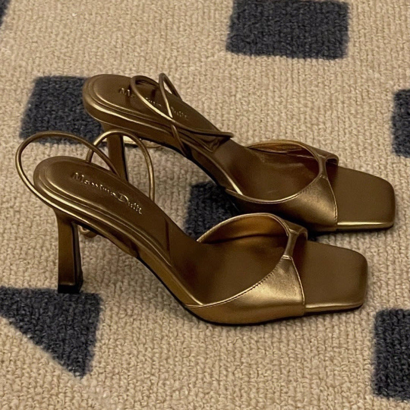 Bronze Gold Metallic Leather Square Toe Slingback Stiletto Sandals with Knotted Twist Toe Strap | Luxury Minimalist Evening Heels for Women