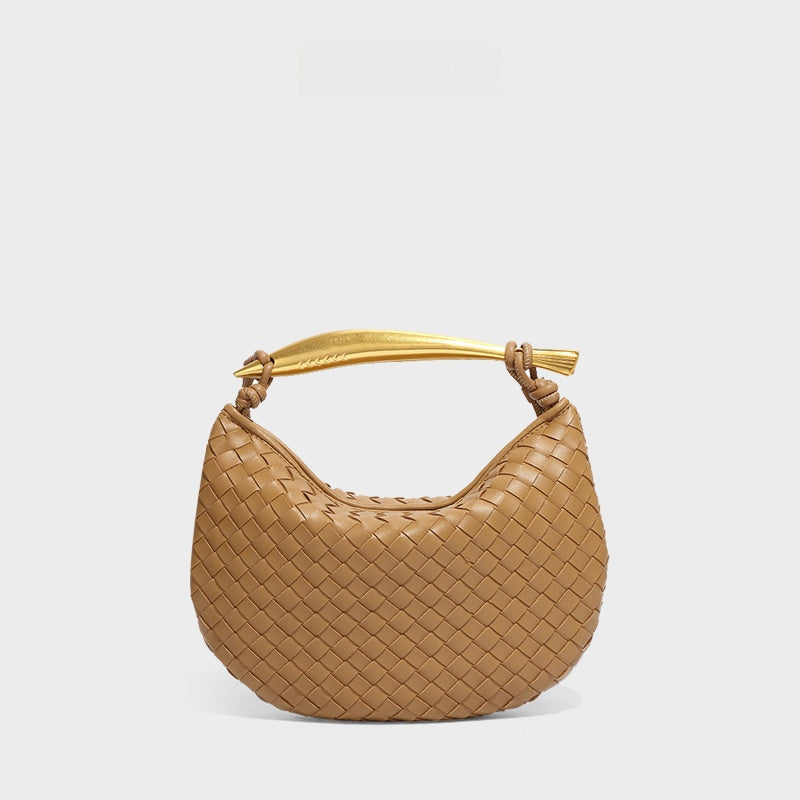 Burgundy Woven Leather Hobo Bag with Gold Handle | Intrecciato Crescent Shoulder Bag