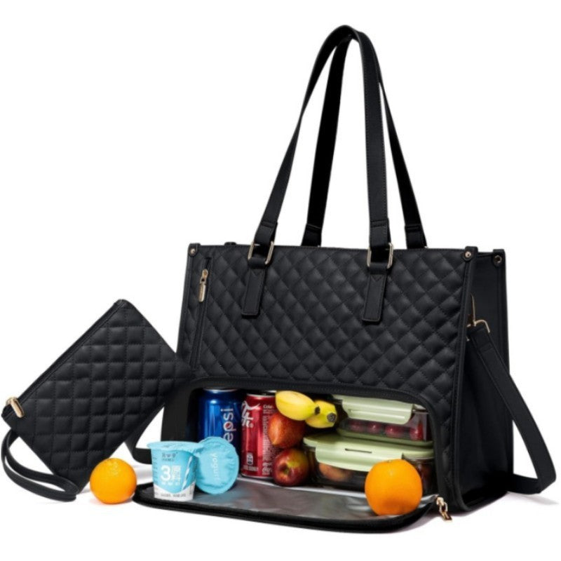 Black Quilted Insulated Lunch Tote Bag with Pouch | Large Thermal Cooler Handbag for Women | Work & Picnic Bag