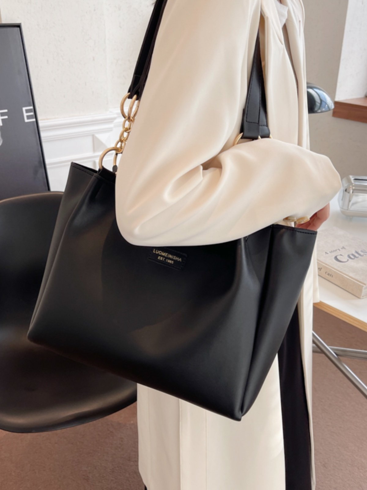 Beige Leather Tote Bag with Brown Straps & Gold Chain Detail | Two-Tone Shoulder Bag