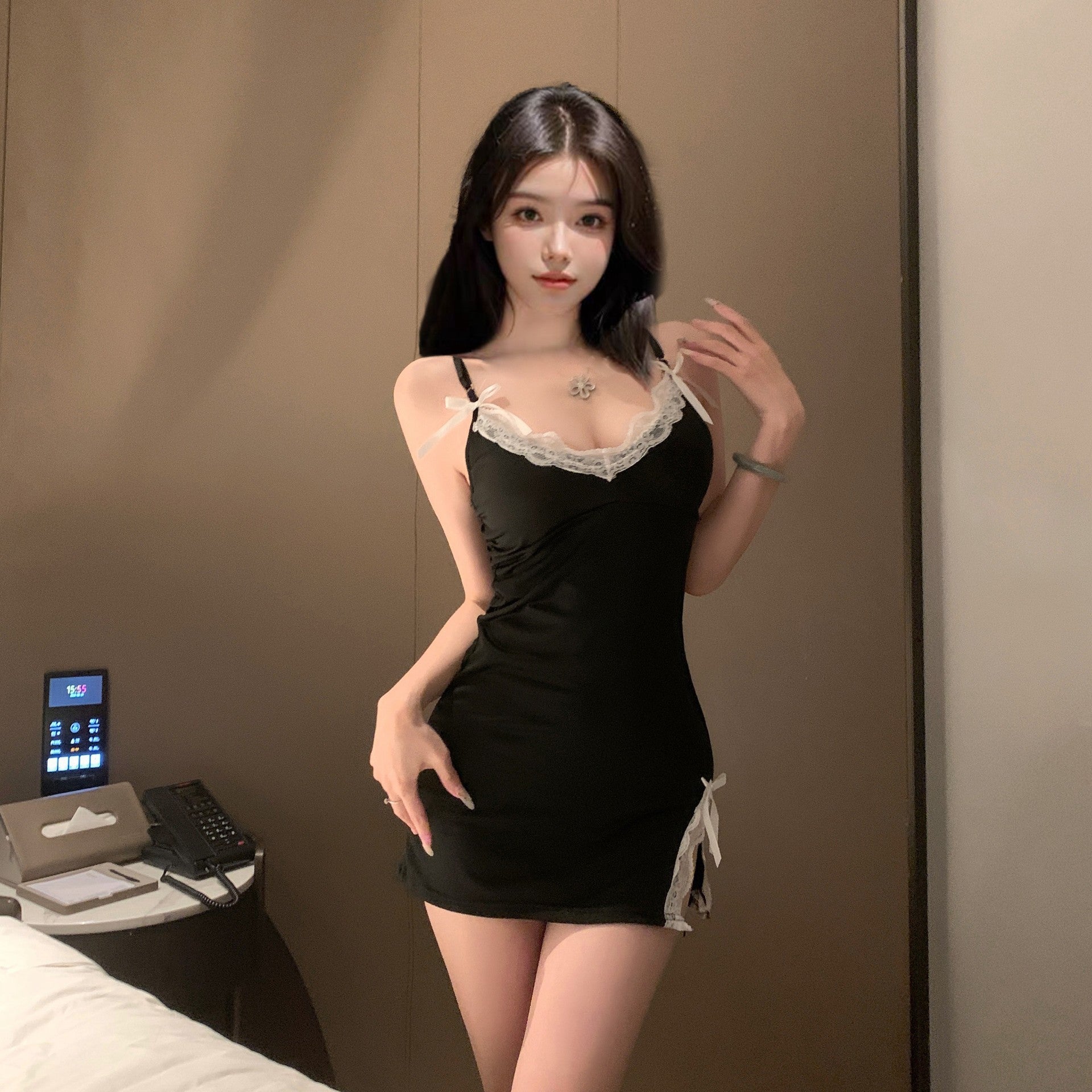 Women's Red Satin White Lace Trim Mini Nightgown Sexy Open Bust Side Bow Ribbon Sleepwear Chemise Lingerie Dress