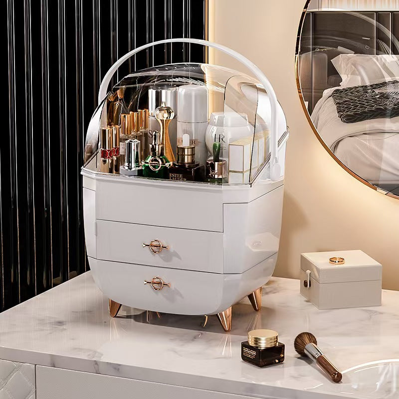 Luxury Makeup Organizer with Clear Lid and Drawers | Portable Cosmetic Storage Box with Handle and Gold Accents | Vanity Skincare Organizer