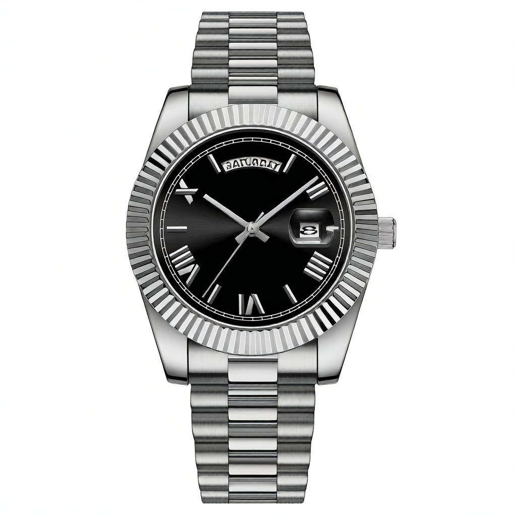 Carsikie Herrenuhr mit arabischen Ziffern | Schwarzes Zifferblatt mit Sonnenschliff | Geriffelte Lünette im Präsidentenstil | Tag- und Datumsanzeige | Silberne Edelstahluhr 