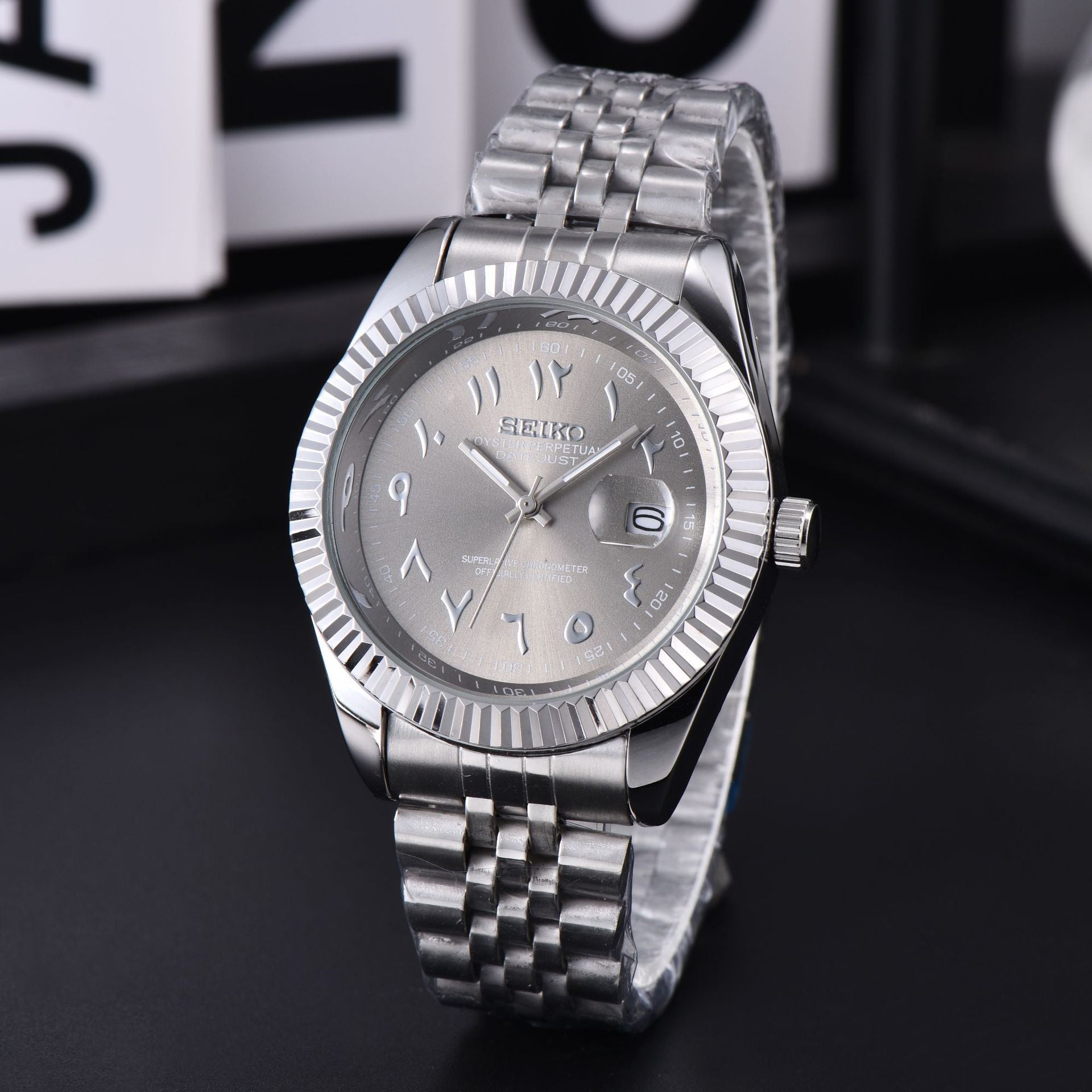 Men's Silver Luxury Dress Watch | Fluted Bezel Arabic Numeral Black Dial Jubilee Bracelet Date Watch