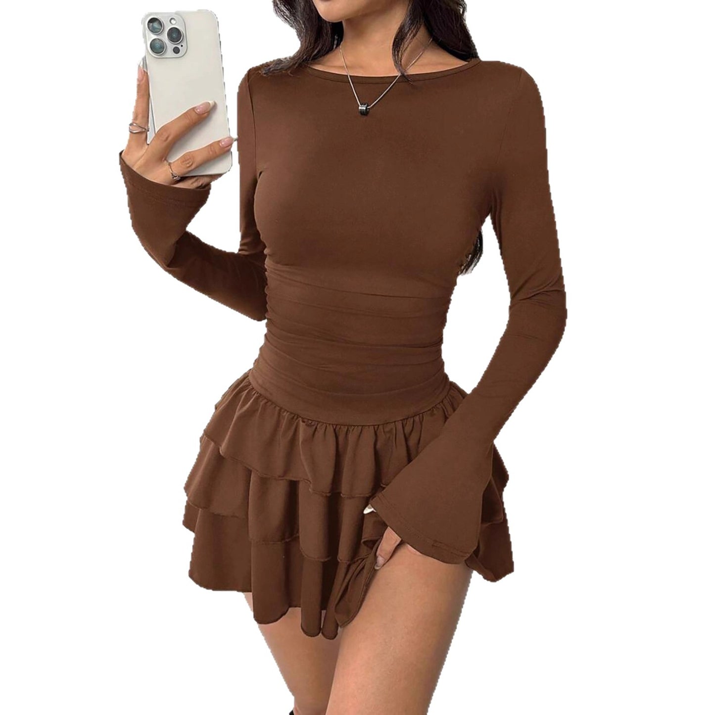 Schwarzes Langarm-Oberteil mit Raffungen und gestuftem Rüschen-Minirock-Set | Zweiteiliges Damen-Outfit | Bodycon Partykleid Co-ord | Elegantes Ausgeh-Outfit