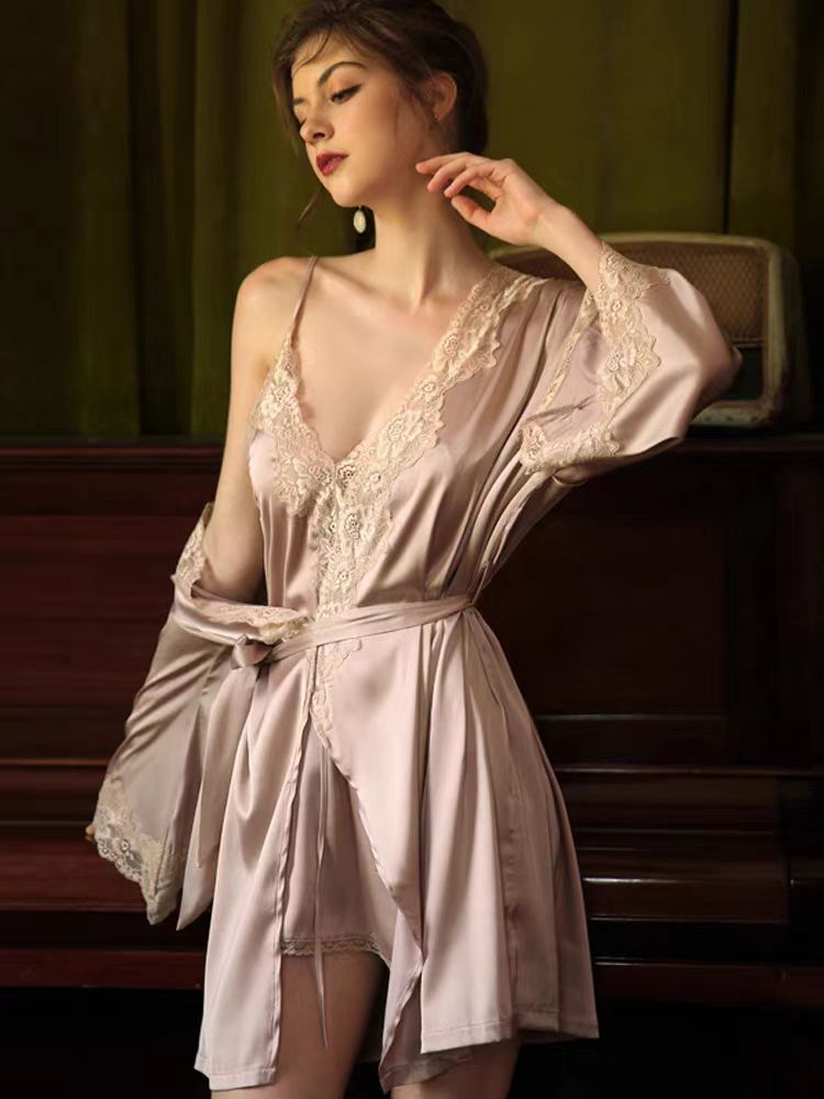 Champagne Satin Lace Chemise Nightgown Women Luxury V Neck Spaghetti Strap Side Tie Slip Dress Elegant Sleepwear