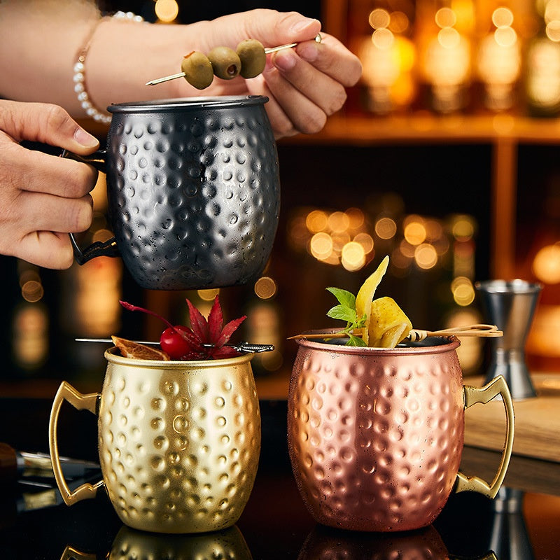 Hammered Moscow Mule Mug | Copper Rose Gold & Black Stainless Steel Cocktail Cup | Premium Bar Drinkware for Home & Party
