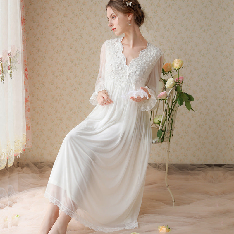 Women's White Victorian Lace Mesh Maxi Nightgown Elegant Long Sleeve Floral Applique Bridal Sleep Dress Sleepwear