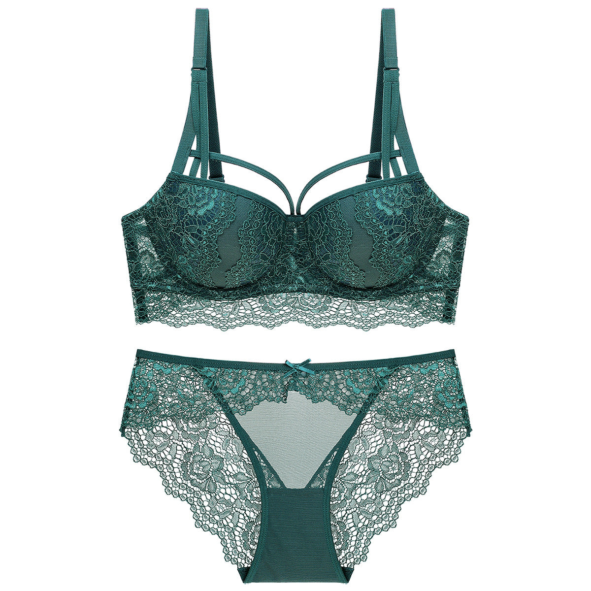 Green Lace Lingerie Set for Women | Strappy Push Up Bra and Panty Set Floral Lace Underwear