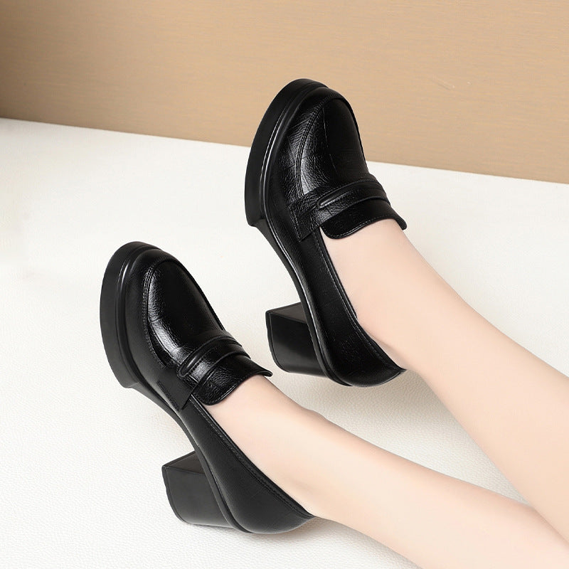 Black Platform Block Heel Penny Loafers | Women's Slip-On Chunky Heel Leather Pumps | Classic High Heel Loafers