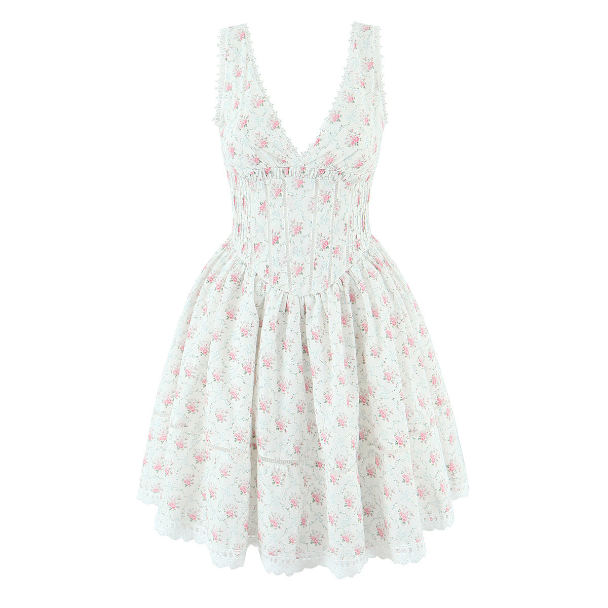 Women's Cream Floral Lace Trim Corset Mini Dress - Deep V-Neck Sleeveless Fit & Flare Babydoll Dress with Eyelet Hem - Cottagecore Coquette Summer Dress for Party, Garden & Date Night