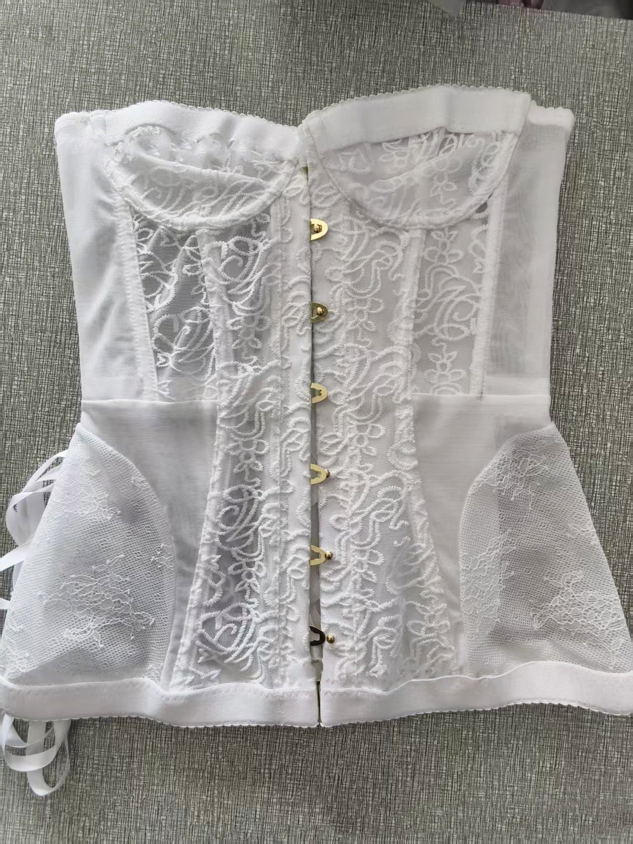 Women's Lace Corset Bustier Top | Strapless Gold Button Front Boned Corset | Sheer Floral Going Out Top