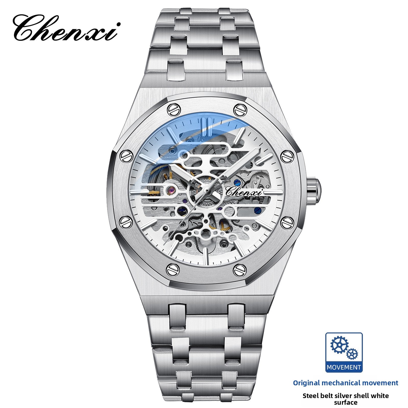 Chenxi Men's Skeleton Mechanical Watch | Royal Oak Style Octagonal Screw Bezel Blue Accent | Silver Stainless Steel Bracelet Luxury Timepiece