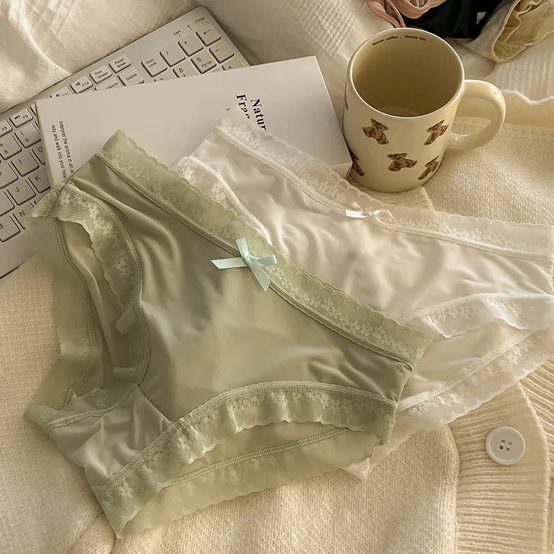 Satin Silk Lace Trim Bow Panties for Women Soft Smooth Mid Rise Briefs Floral Lace Edge White Beige