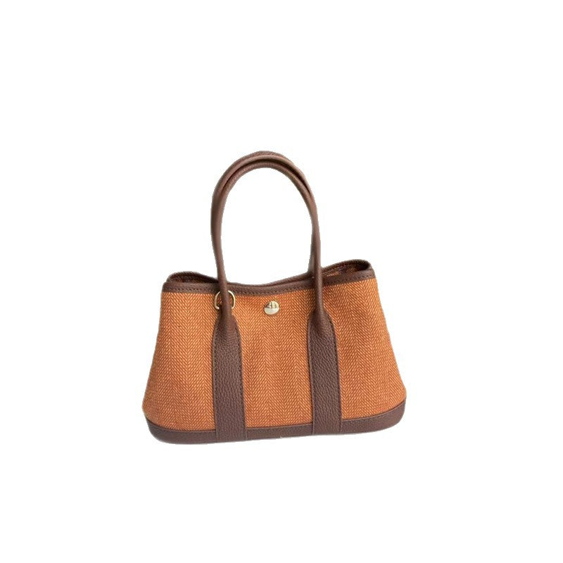 Brown Canvas Tote Bag with Black Leather Trim | Garden Style Shoulder Bag