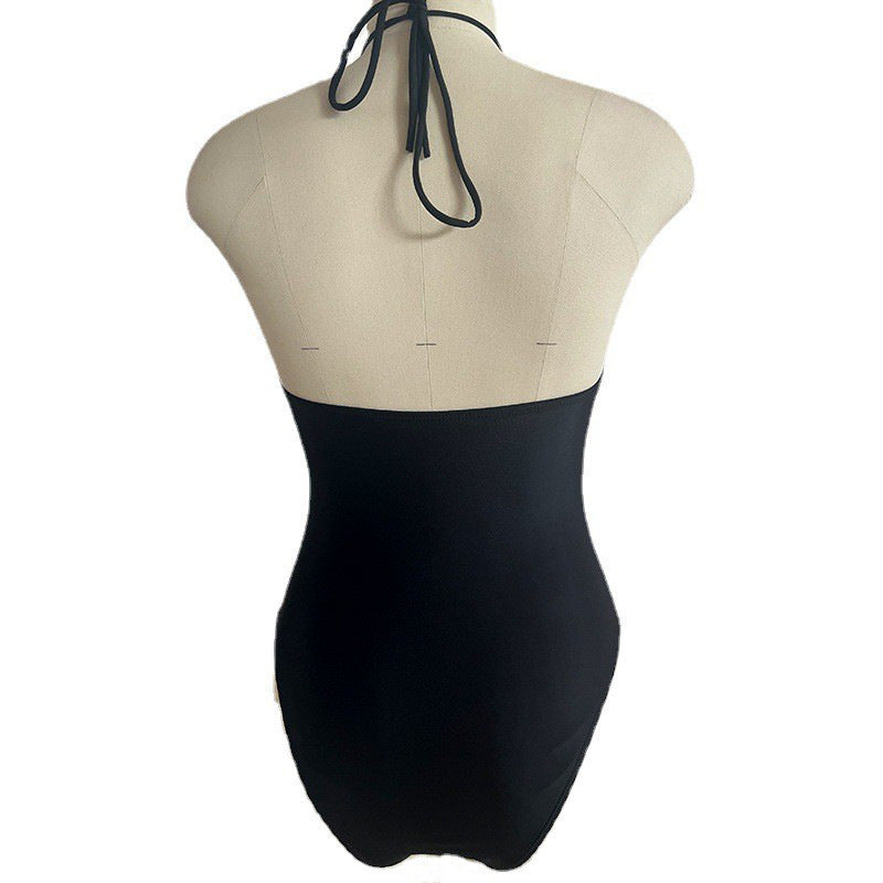 Women's Black Lace Up Halter One Piece Swimsuit with Cutout Design and High Cut Leg for Beach and Pool