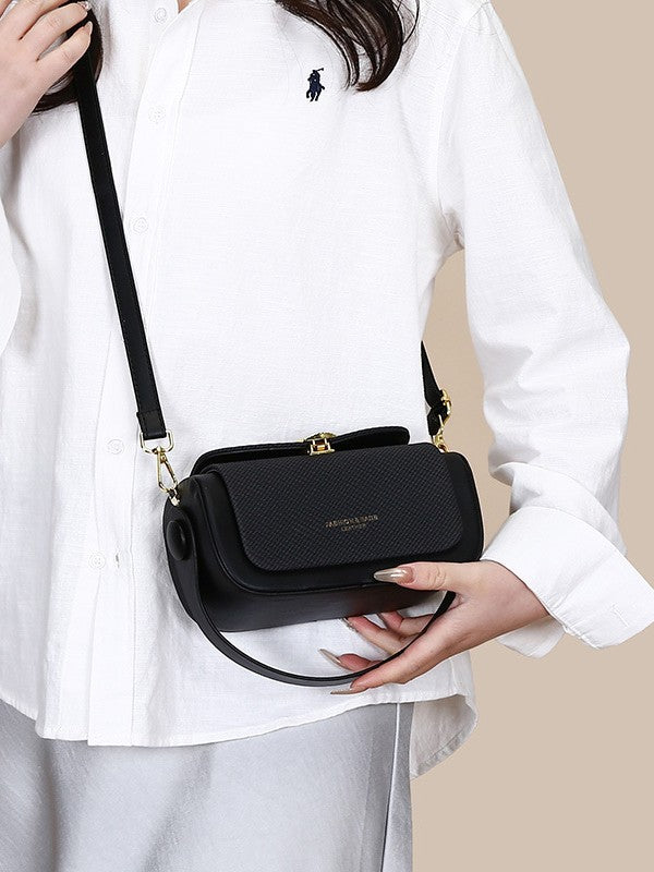 Black Structured Crossbody Bag with Gold Fan Clasp | Woven Texture Top Handle Shoulder Purse