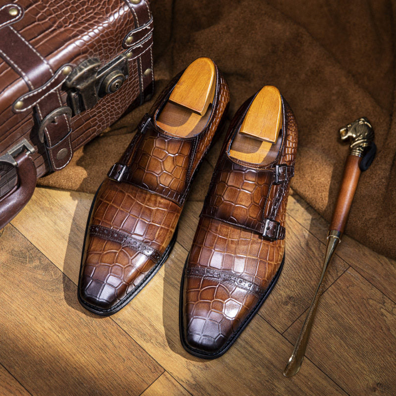 A.N.M. Bullock Men's Crocodile Embossed Double Monk Strap Shoes | Cognac Brown Luxury Dress Shoes