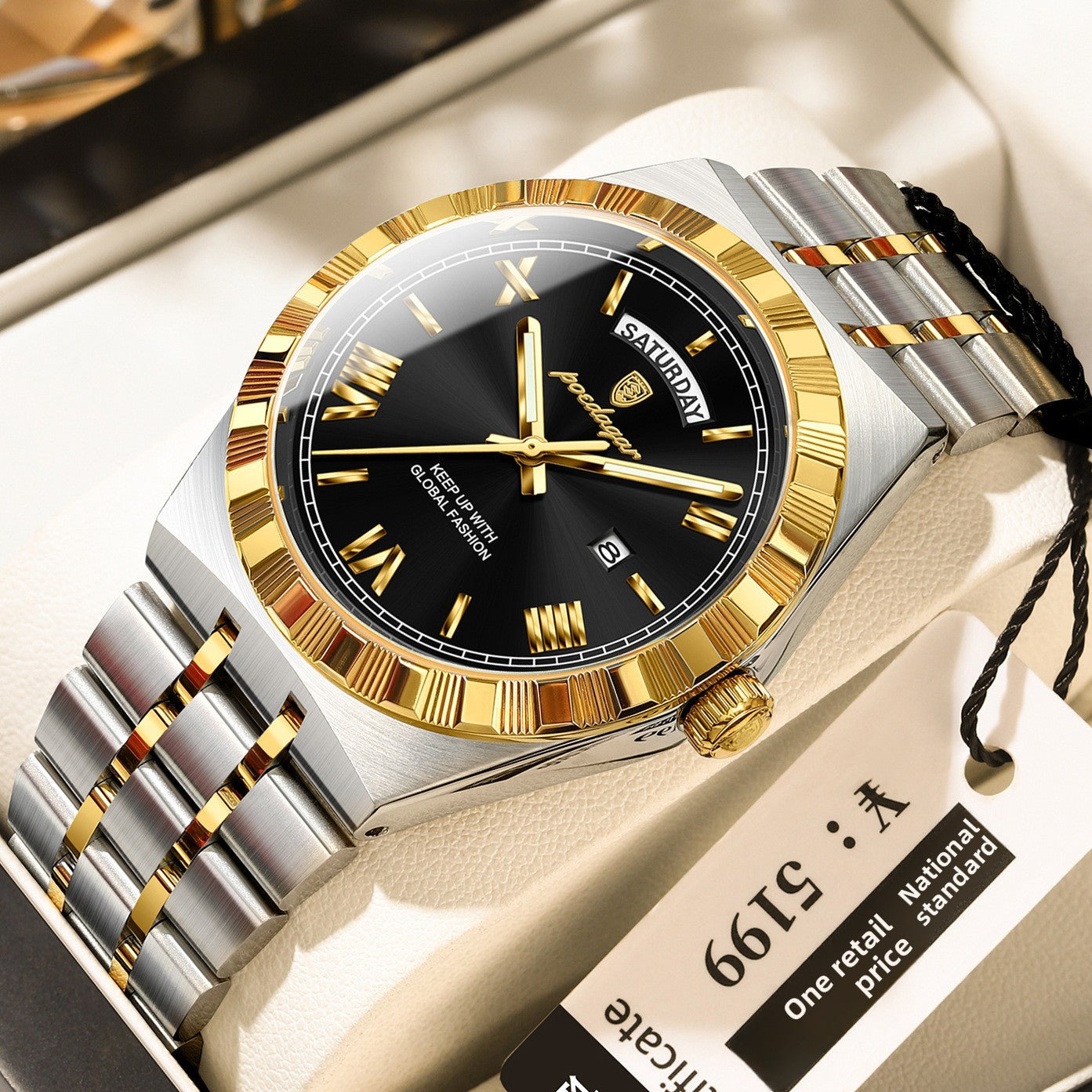 Poedagar Silver Stainless Steel Black Dial Luxury Watch | Day Date Roman Numeral Men's Dress Watch | Waterproof Quartz Wristwatch
