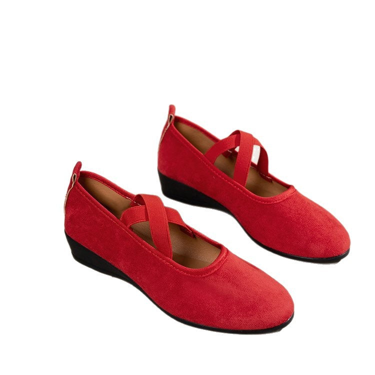Womens Black Suede Wedge Shoes Cross Elastic Ankle Strap Closed Toe Low Heel Comfortable Slip On Pumps for Casual Office and Formal Wear