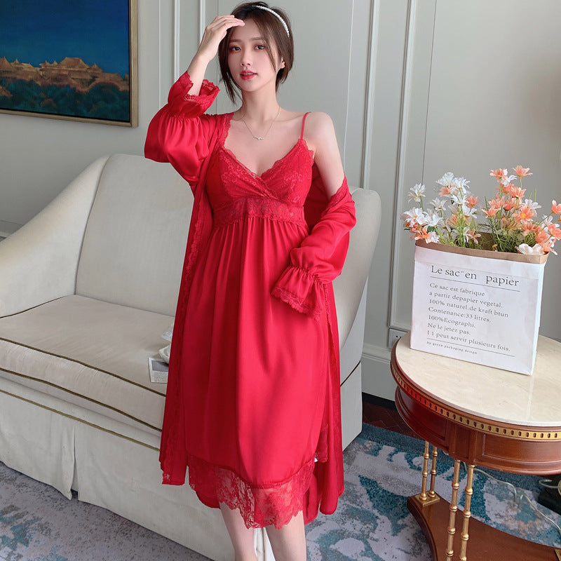 Women's Black Satin Lace Trim Nightgown and Robe Set Sexy 2 Piece V Neck Slip Dress with Long Sleeve Dressing Gown Sleepwear