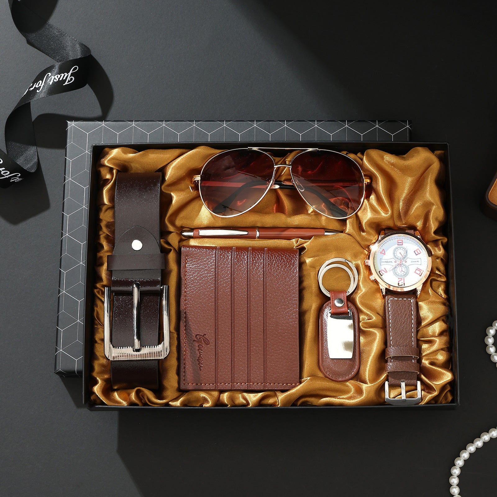 Geman Men's Luxury Gift Set – 6-Piece Black Leather Belt, Wallet, Watch, Bracelet, Keychain & Pen Box Set | Premium Men's Gift