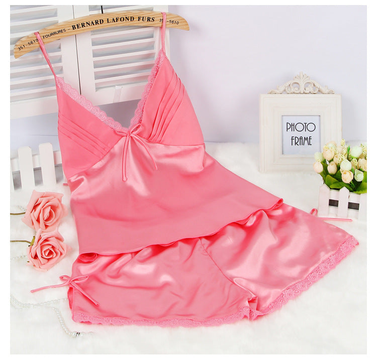 Satin Lace Trim Pajama Set | Cami Top & Shorts with Bow Detail | Silky Sleepwear for Women | Cream Loungewear Set