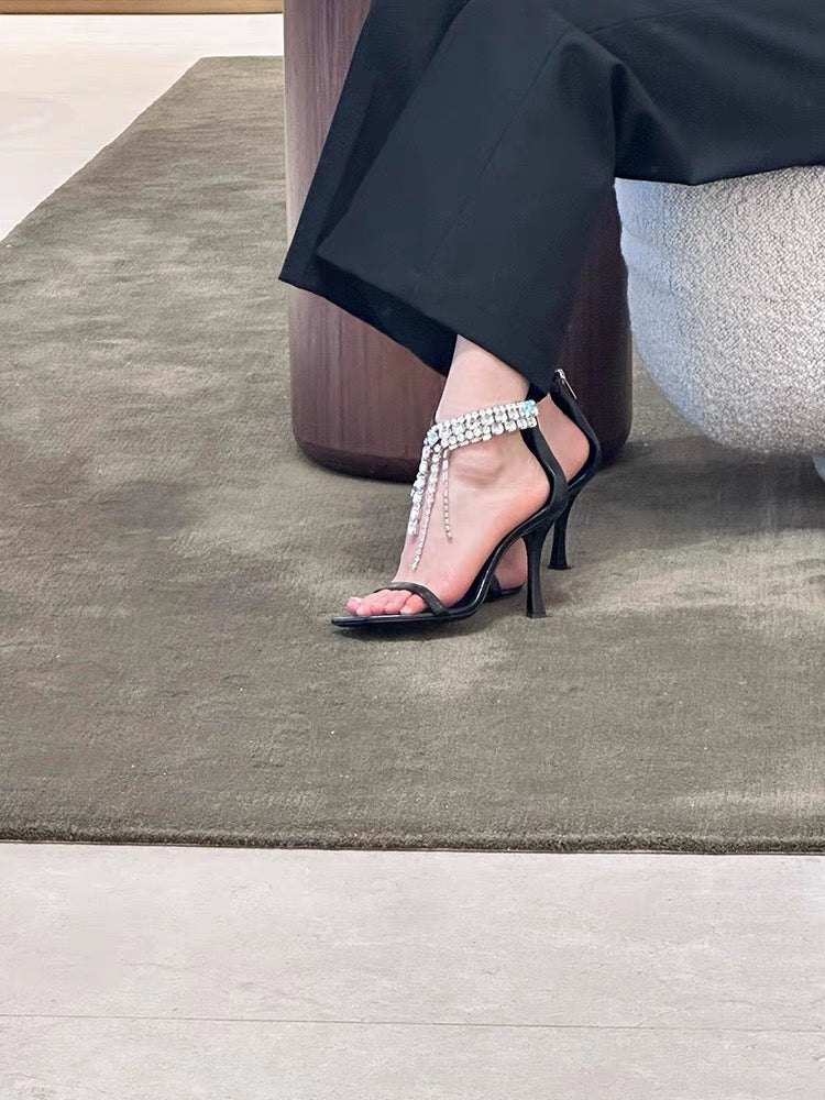 Black Leather Crystal Tassel Ankle Bracelet Stiletto Sandals | Women's Rhinestone T-Bar Square Toe High Heel Shoes