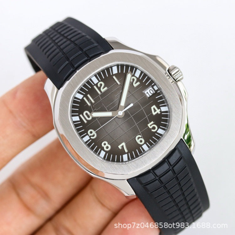 Men's Sport Luxury Watch | Black Grid Dial Stainless Steel Case Rubber Strap | Aquanaut Style Luminous Timepiece