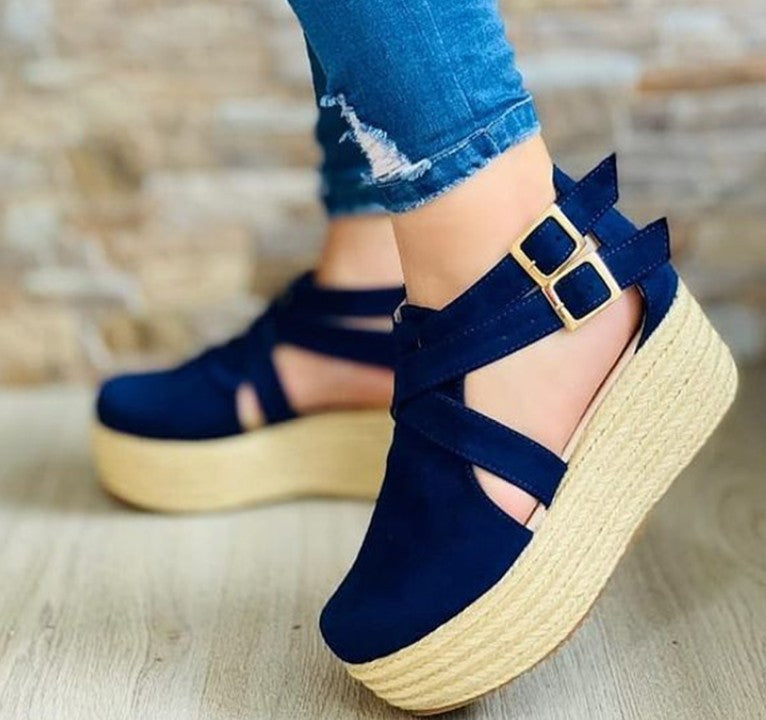 Tan Brown Suede Cross Strap Espadrille Platform Sandals for Women | Double Buckle Ankle Strap Wedge Flatform Sandals | Boho Rope Sole Summer Sandals | Casual Chic Platform Wedge Shoes